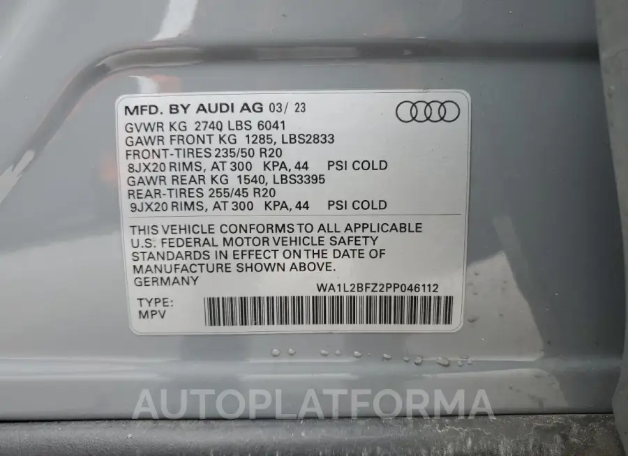 AUDI Q4 E-TRON 2023 vin WA1L2BFZ2PP046112 from auto auction Copart