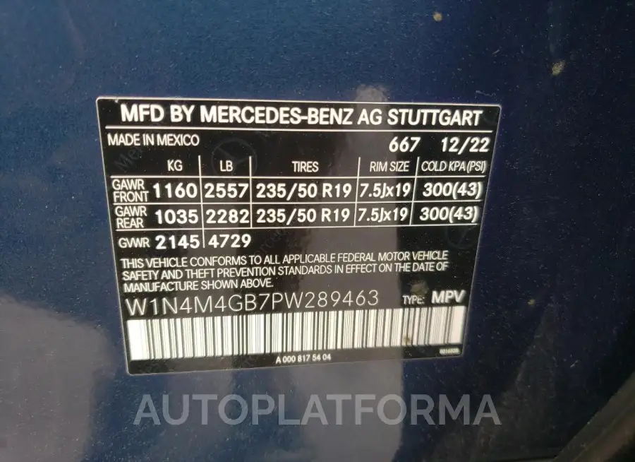 MERCEDES-BENZ GLB 250 2023 vin W1N4M4GB7PW289463 from auto auction Copart