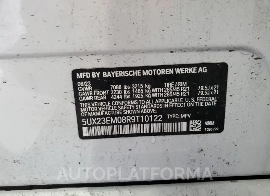 BMW X7 XDRIVE4 2024 vin 5UX23EM08R9T10122 from auto auction Copart