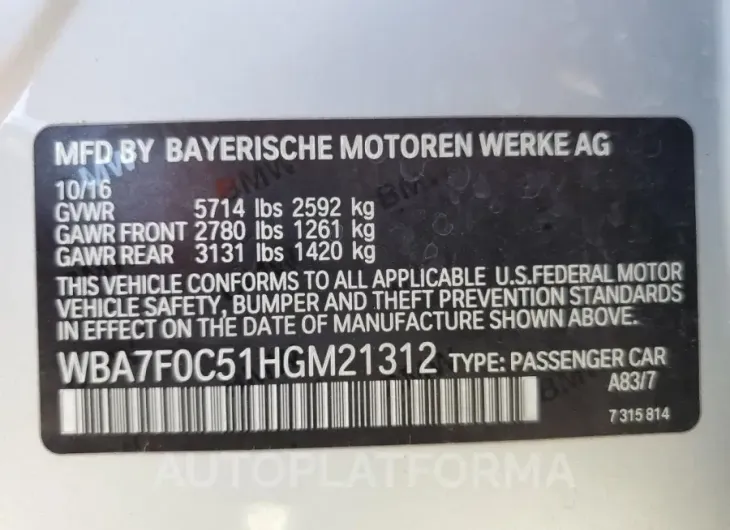 BMW 750 I 2017 vin WBA7F0C51HGM21312 from auto auction Copart