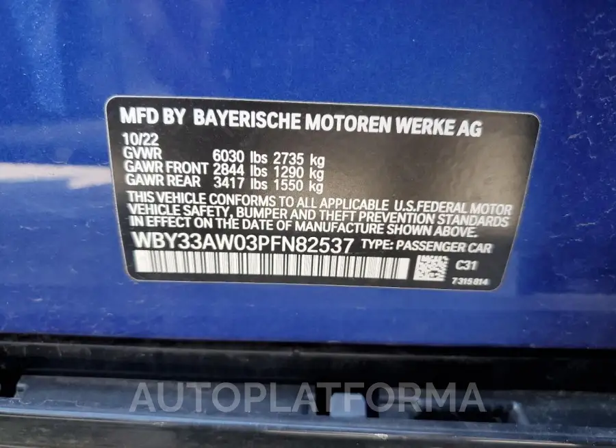 BMW I4 M50 2023 vin WBY33AW03PFN82537 from auto auction Copart