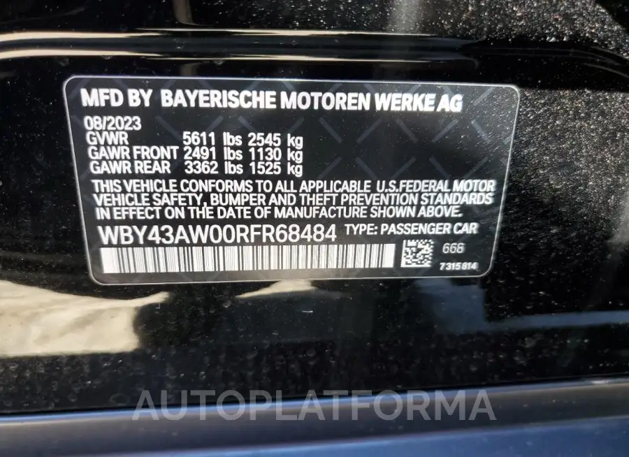 BMW I4 EDRIVE3 2024 vin WBY43AW00RFR68484 from auto auction Copart