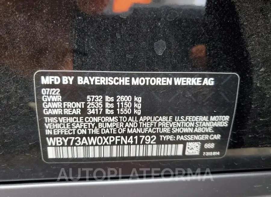 BMW I4 EDRIVE4 2023 vin WBY73AW0XPFN41792 from auto auction Copart