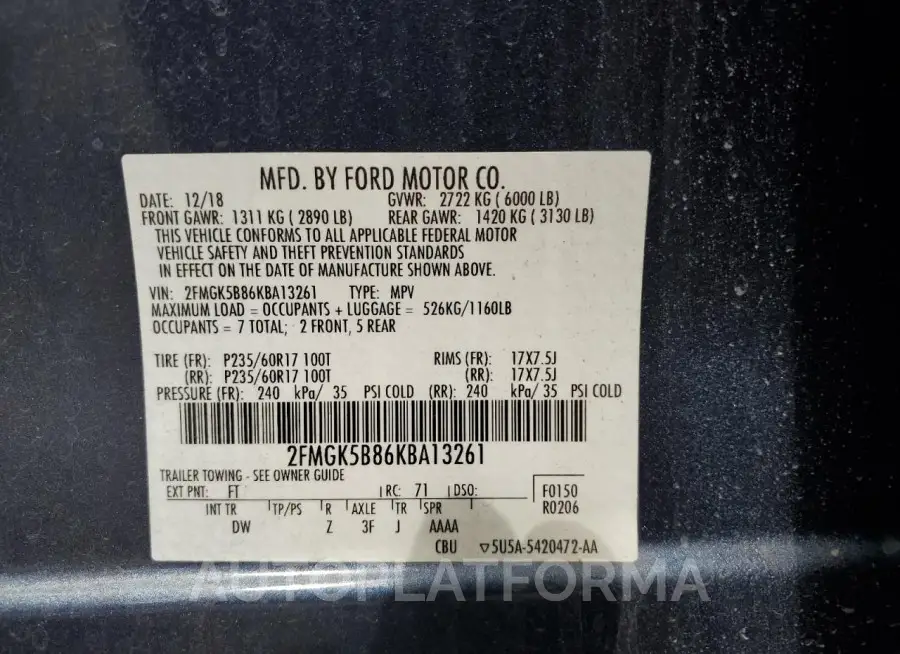 FORD FLEX SE 2019 vin 2FMGK5B86KBA13261 from auto auction Copart