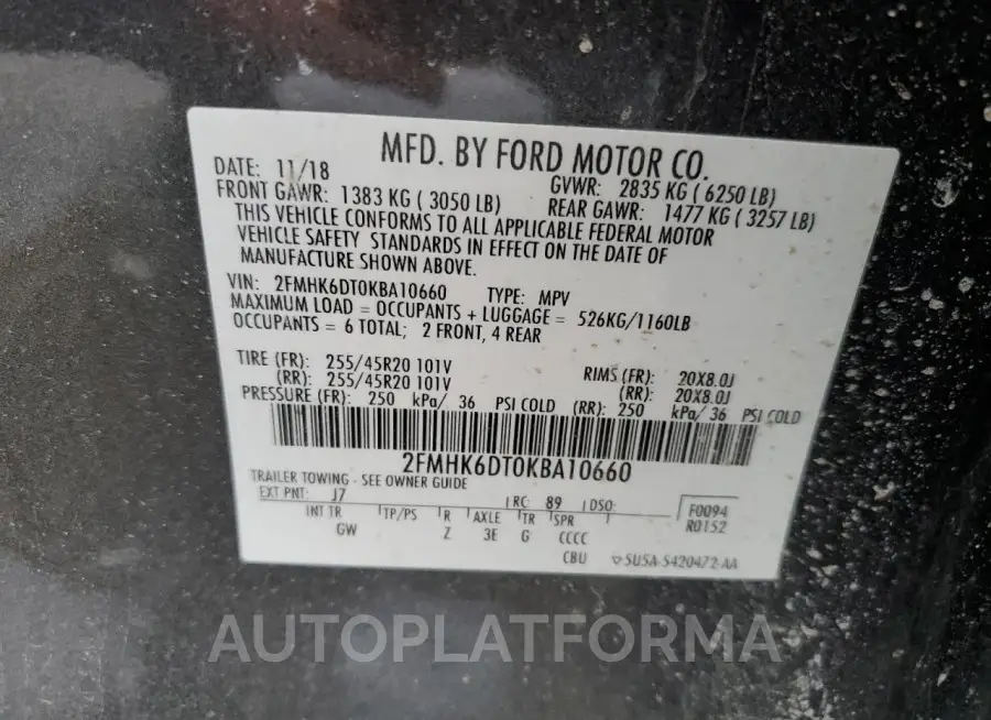 FORD FLEX LIMIT 2019 vin 2FMHK6DT0KBA10660 from auto auction Copart