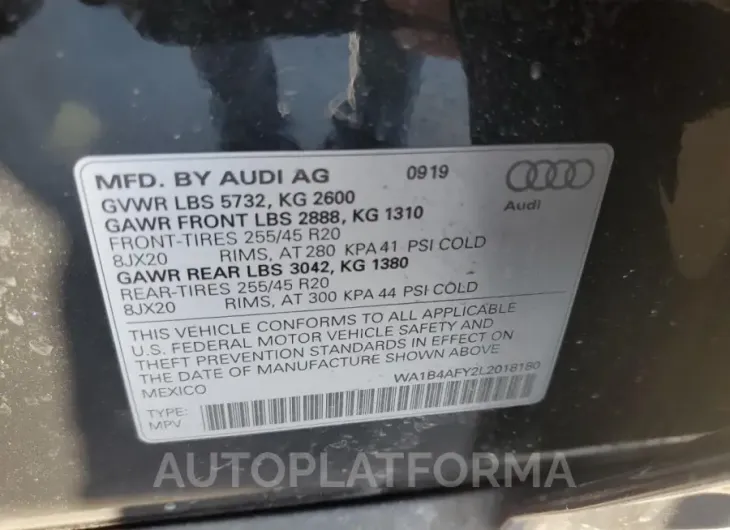 AUDI SQ5 PREMIU 2020 vin WA1B4AFY2L2018180 from auto auction Copart