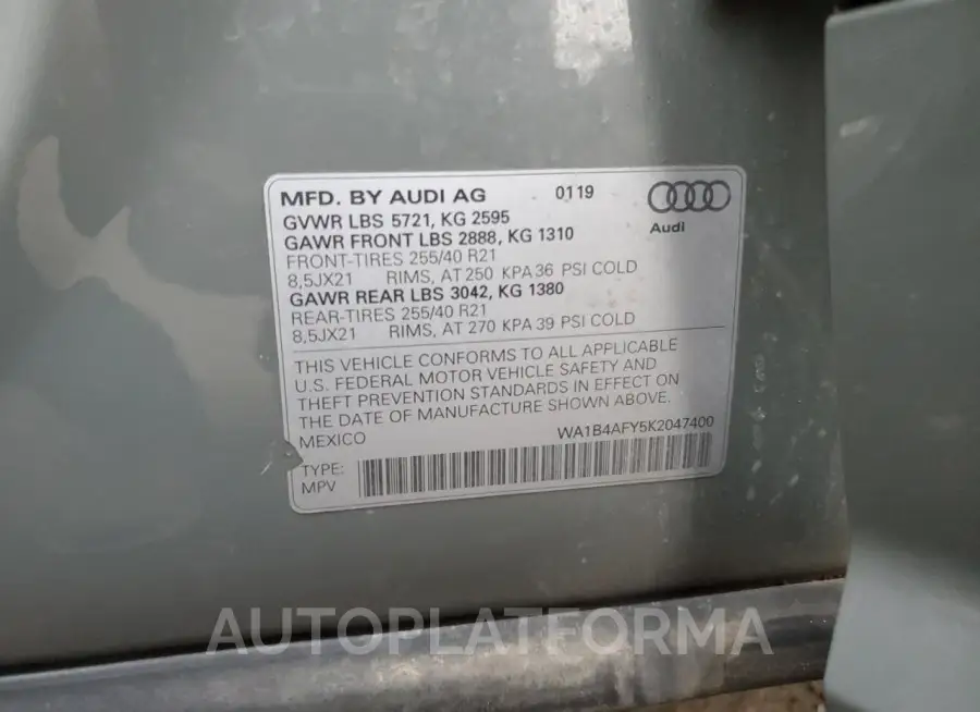 AUDI SQ5 PREMIU 2019 vin WA1B4AFY5K2047400 from auto auction Copart