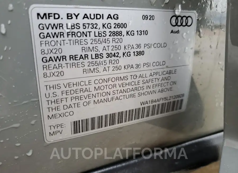 AUDI SQ5 PREMIU 2020 vin WA1B4AFY5L2120928 from auto auction Copart