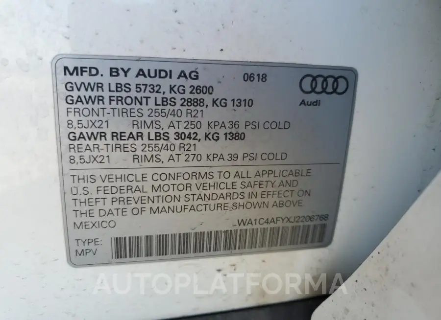 AUDI SQ5 PRESTI 2018 vin WA1C4AFYXJ2206768 from auto auction Copart