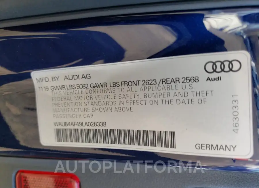 AUDI S4 PREMIUM 2020 vin WAUB4AF49LA028338 from auto auction Copart