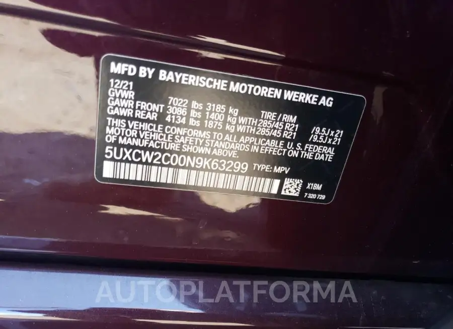 BMW X7 XDRIVE4 2022 vin 5UXCW2C00N9K63299 from auto auction Copart