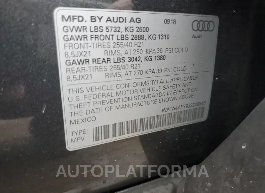 AUDI SQ5 PREMIU 2018 vin WA1A4AFY9J2248548 from auto auction Copart