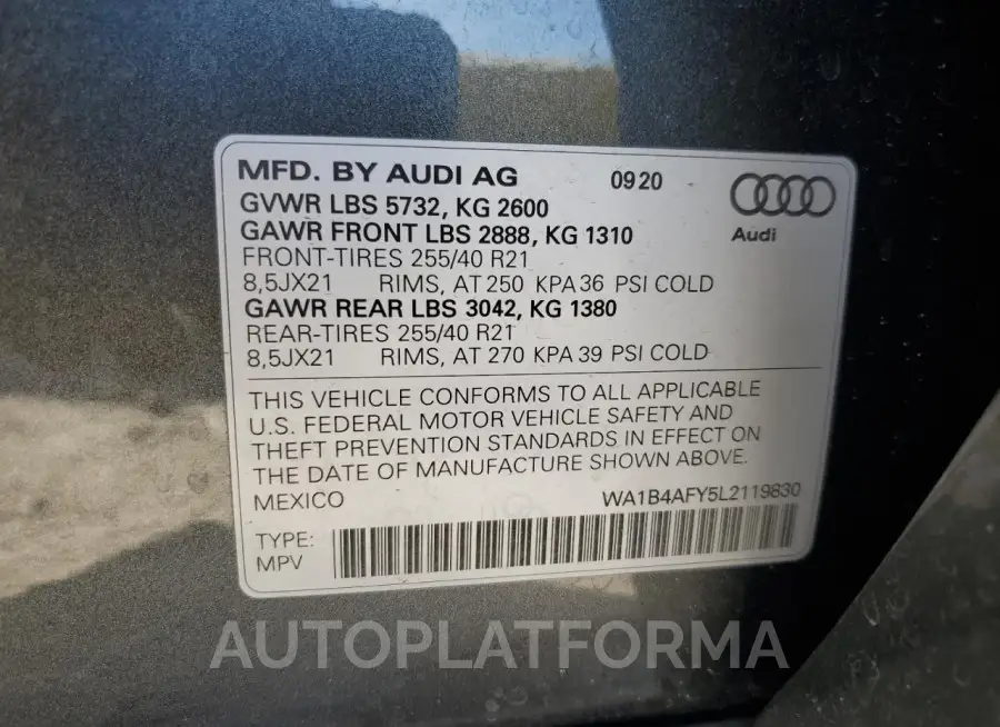 AUDI SQ5 PREMIU 2020 vin WA1B4AFY5L2119830 from auto auction Copart