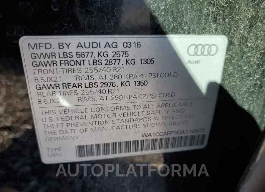 AUDI SQ5 PREMIU 2016 vin WA1CCAFP3GA116872 from auto auction Copart