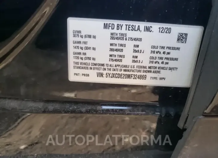 TESLA MODEL X 2021 vin 5YJXCDE20MF324869 from auto auction Copart