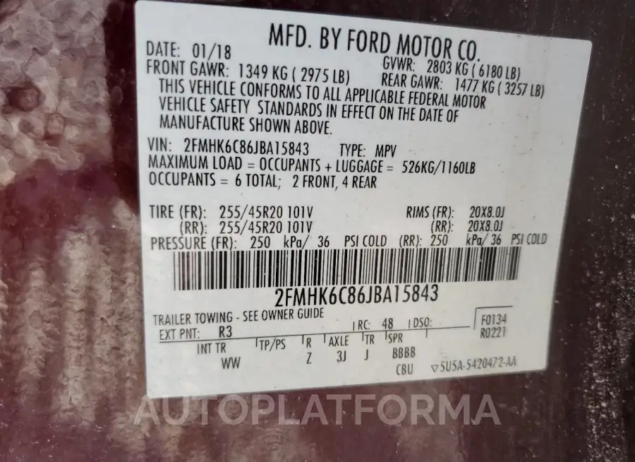 FORD FLEX SEL 2018 vin 2FMHK6C86JBA15843 from auto auction Copart