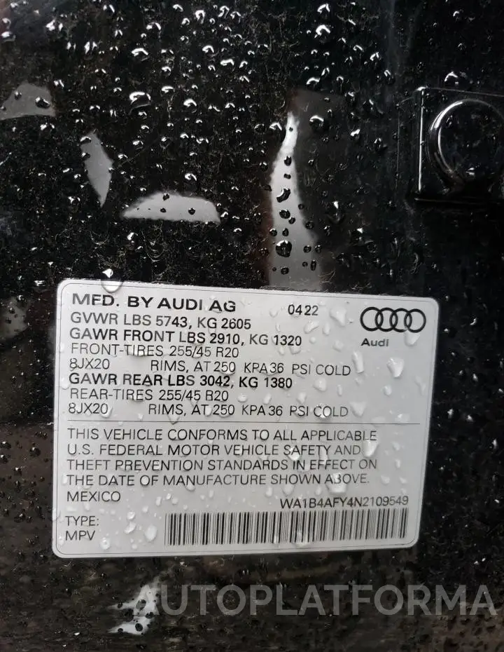 AUDI SQ5 PREMIU 2022 vin WA1B4AFY4N2109549 from auto auction Copart