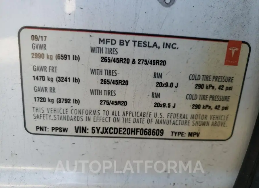 TESLA MODEL X 2017 vin 5YJXCDE20HF068609 from auto auction Copart