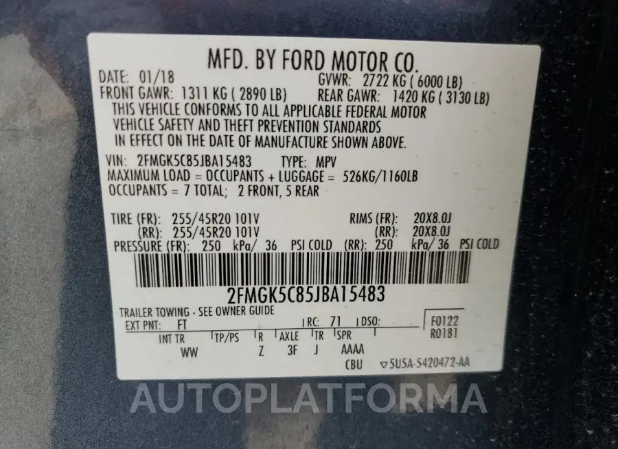 FORD FLEX SEL 2018 vin 2FMGK5C85JBA15483 from auto auction Copart