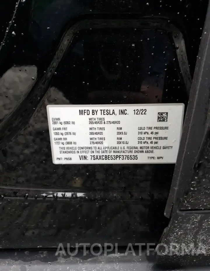 TESLA MODEL X 2023 vin 7SAXCBE53PF376535 from auto auction Copart