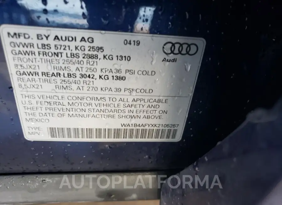 AUDI SQ5 PREMIU 2019 vin WA1B4AFYXK2105257 from auto auction Copart