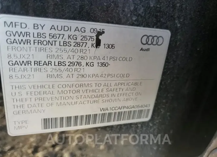 AUDI SQ5 PREMIU 2016 vin WA1CCAFP4GA054043 from auto auction Copart