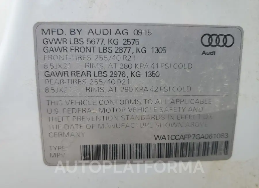 AUDI SQ5 PREMIU 2016 vin WA1CCAFP7GA061083 from auto auction Copart