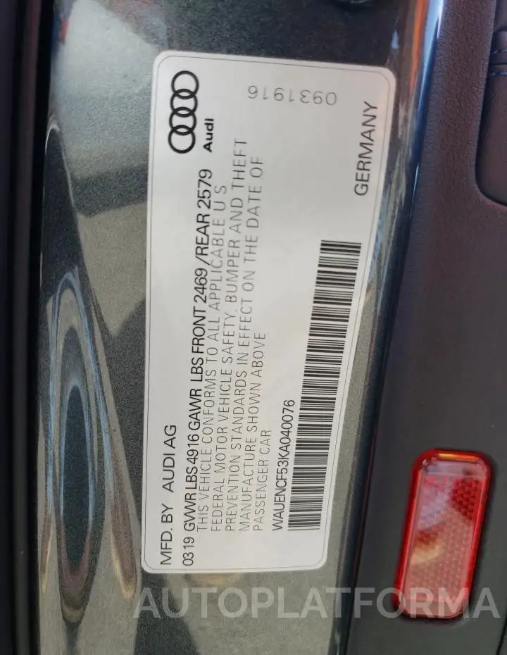 AUDI A5 PREMIUM 2019 vin WAUENCF53KA040076 from auto auction Copart