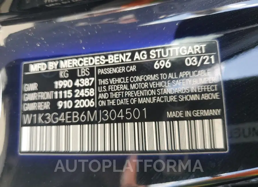 MERCEDES-BENZ A 220 2021 vin W1K3G4EB6MJ304501 from auto auction Copart