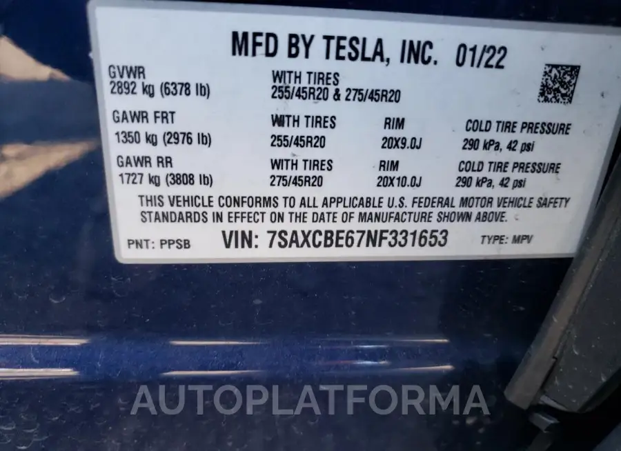 TESLA MODEL X 2022 vin 7SAXCBE67NF331653 from auto auction Copart