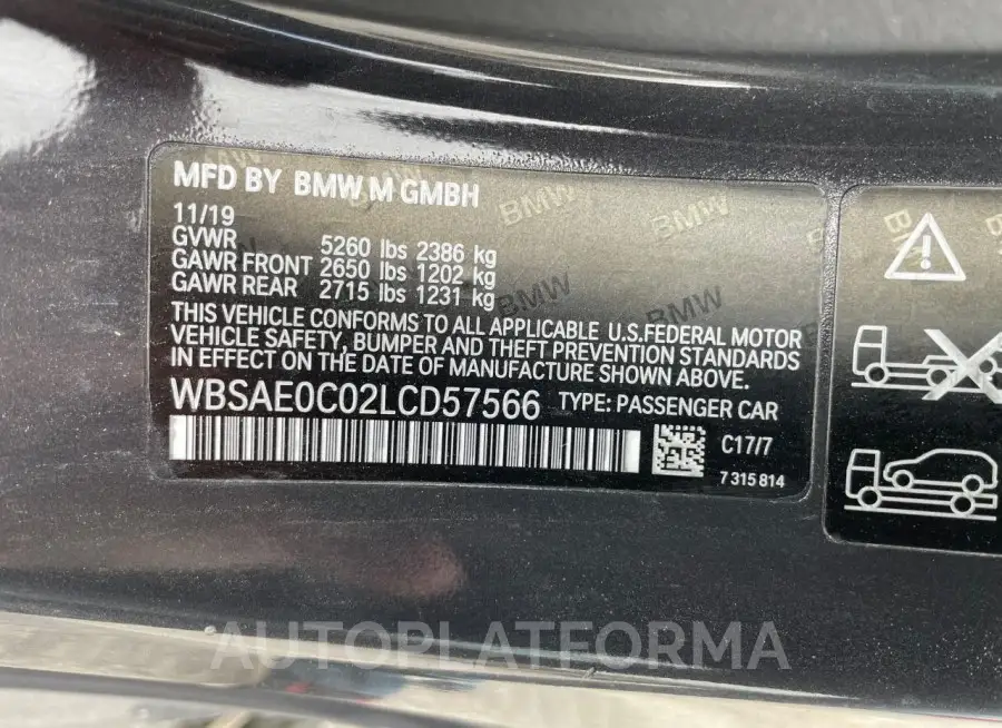 BMW M8 2020 vin WBSAE0C02LCD57566 from auto auction Copart