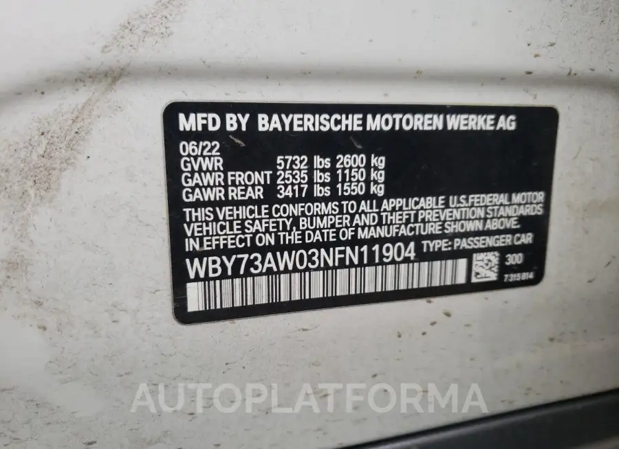 BMW I4 EDRIVE4 2022 vin WBY73AW03NFN11904 from auto auction Copart