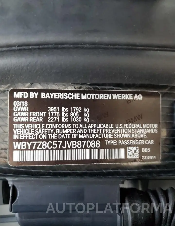 BMW I3 S REX 2018 vin WBY7Z8C57JVB87088 from auto auction Copart