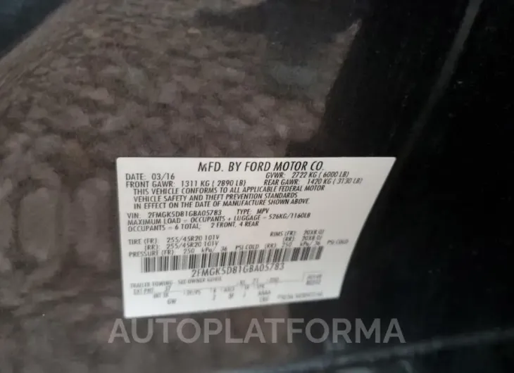 FORD FLEX LIMIT 2016 vin 2FMGK5D81GBA05783 from auto auction Copart