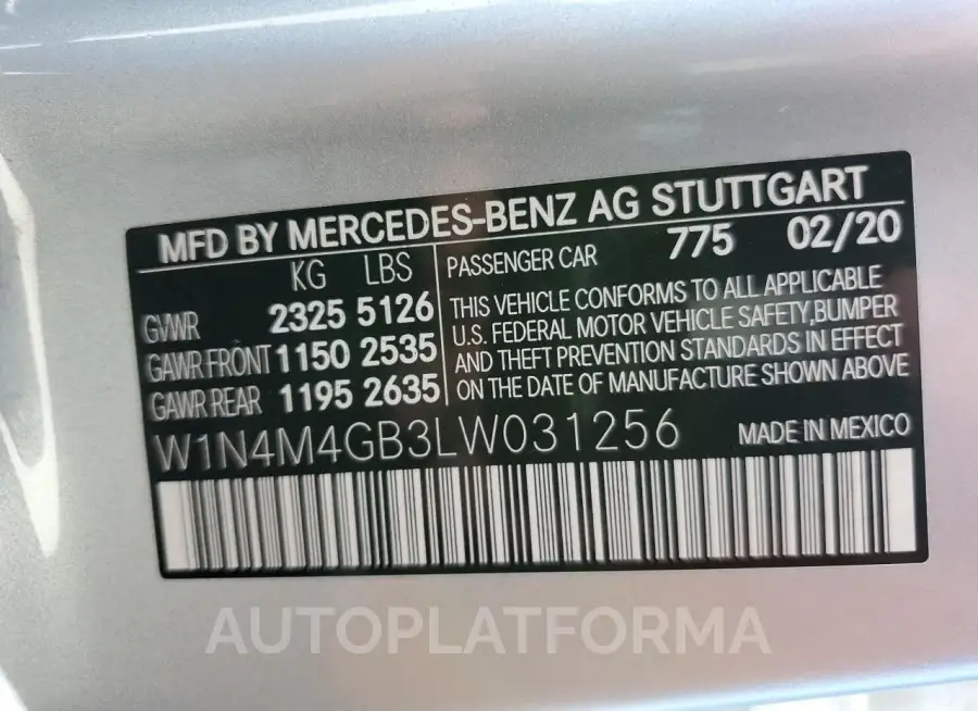 MERCEDES-BENZ GLB 250 2020 vin W1N4M4GB3LW031256 from auto auction Copart