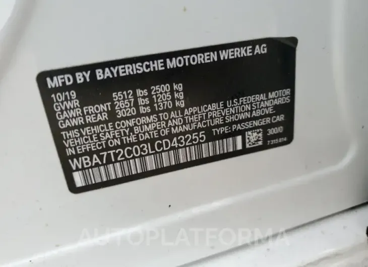 BMW 740 I 2020 vin WBA7T2C03LCD43255 from auto auction Copart