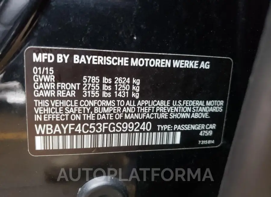 BMW 740 LXI 2015 vin WBAYF4C53FGS99240 from auto auction Copart