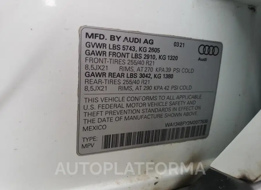 AUDI SQ5 SPORTB 2021 vin WA134BFY2M2077838 from auto auction Copart