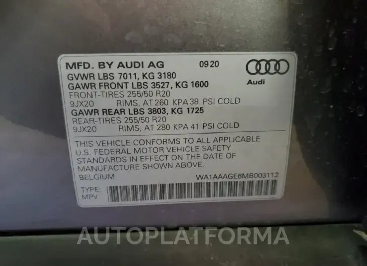 AUDI E-TRON PRE 2021 vin WA1AAAGE6MB003112 from auto auction Copart