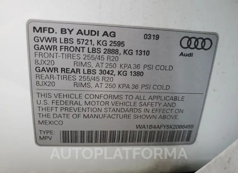 AUDI SQ5 PREMIU 2019 vin WA1B4AFY5K2086455 from auto auction Copart