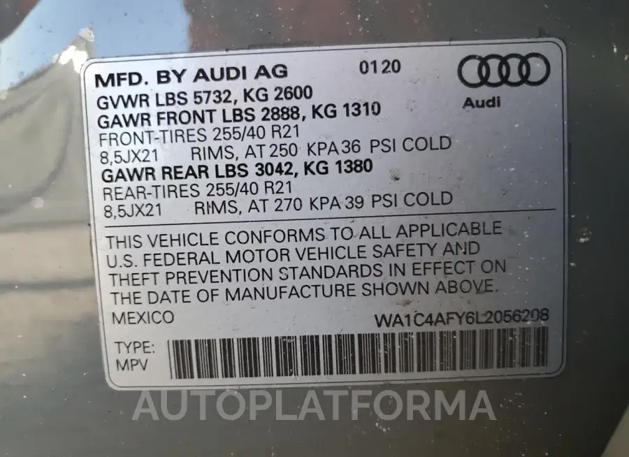 AUDI SQ5 PRESTI 2020 vin WA1C4AFY6L2056208 from auto auction Copart