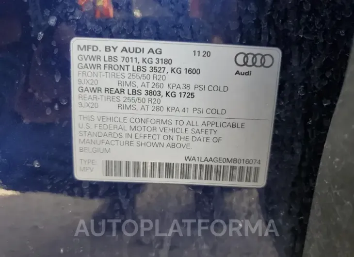 AUDI E-TRON PRE 2021 vin WA1LAAGE0MB016074 from auto auction Copart