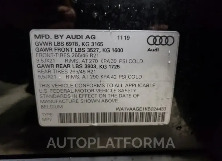 AUDI E-TRON PRE 2019 vin WA1VAAGE1KB024433 from auto auction Copart