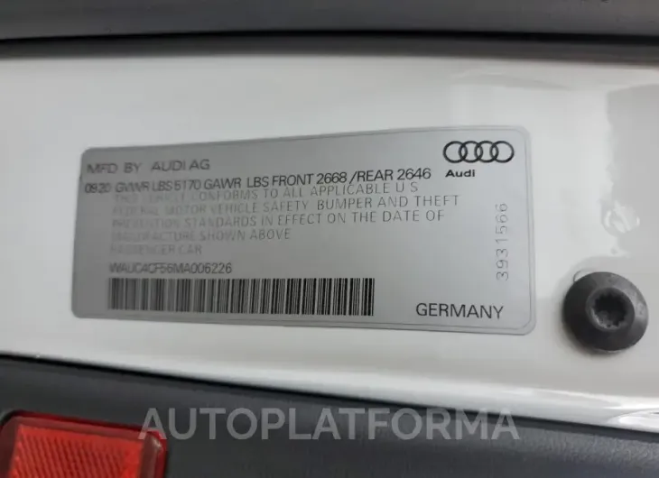 AUDI S5 PREMIUM 2021 vin WAUC4CF56MA006226 from auto auction Copart