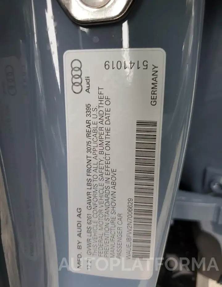 AUDI E-TRON GT 2022 vin WAUEJBFW2N7006629 from auto auction Copart