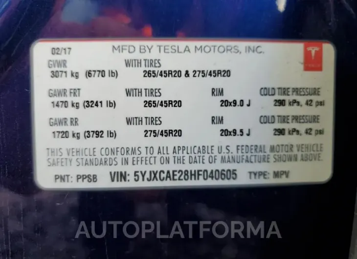 TESLA MODEL X 2017 vin 5YJXCAE28HF040605 from auto auction Copart