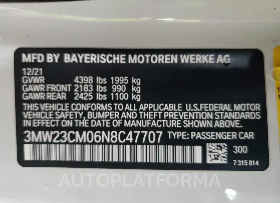 BMW 230I 2022 vin 3MW23CM06N8C47707 from auto auction Copart