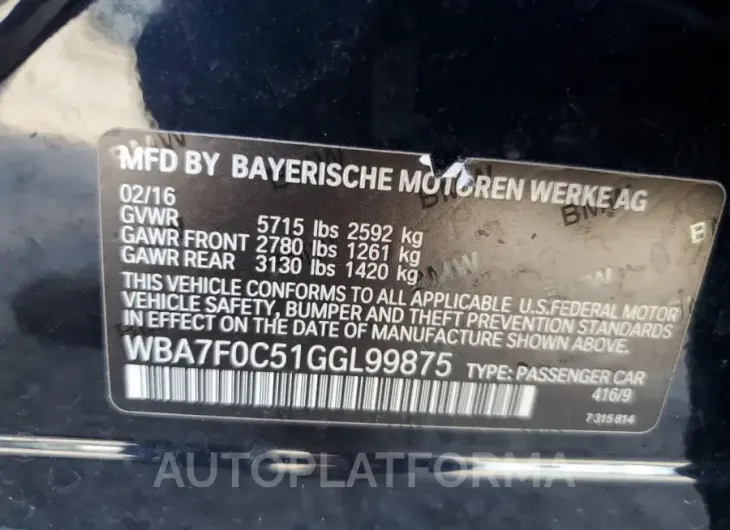 BMW 750 I 2016 vin WBA7F0C51GGL99875 from auto auction Copart