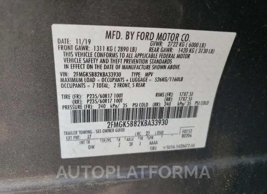 FORD FLEX SE 2019 vin 2FMGK5B82KBA33930 from auto auction Copart