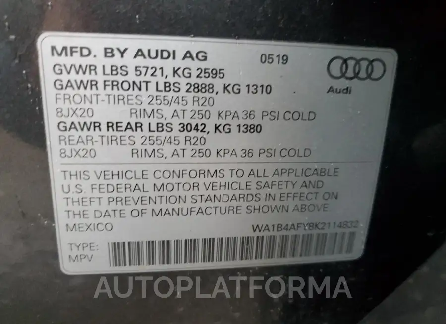 AUDI SQ5 PREMIU 2019 vin WA1B4AFY8K2114832 from auto auction Copart